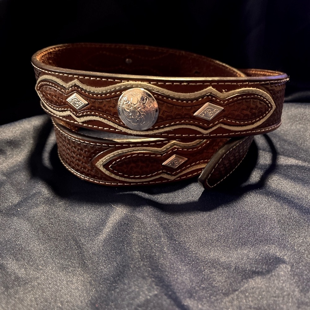 Men’s Brown Leather Western Belt with Silver Detailing
